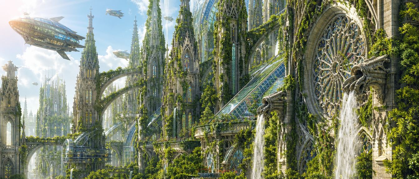 Lush Solarpunk Gothic Spire Metropolis