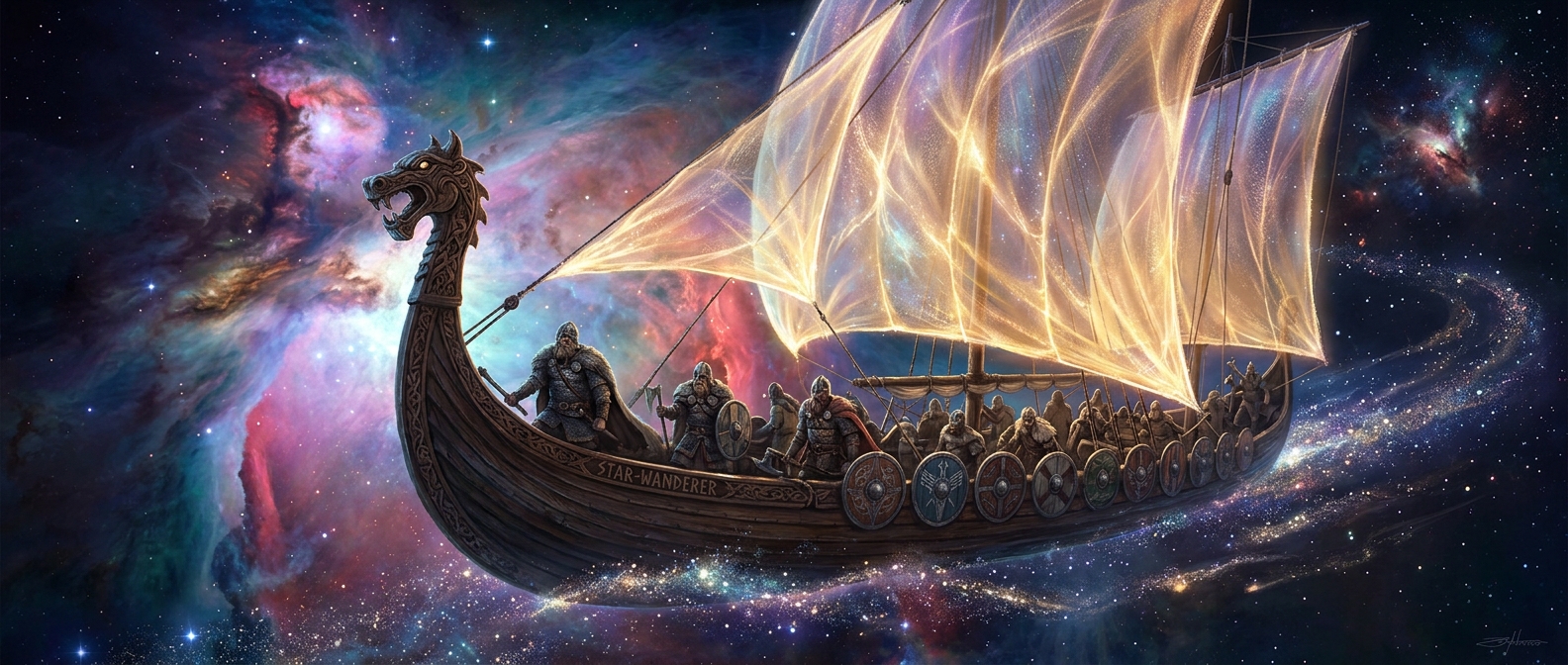 Viking Longship Among Stars