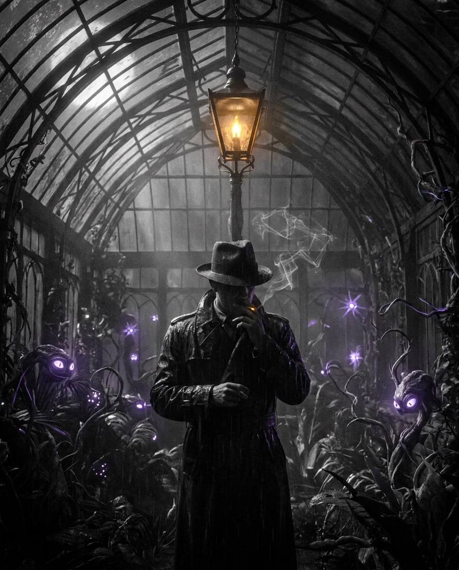 Noir Detective Amidst Cosmic Flora