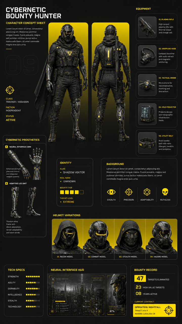 Cybernetic Bounty Hunter Concept Sheet