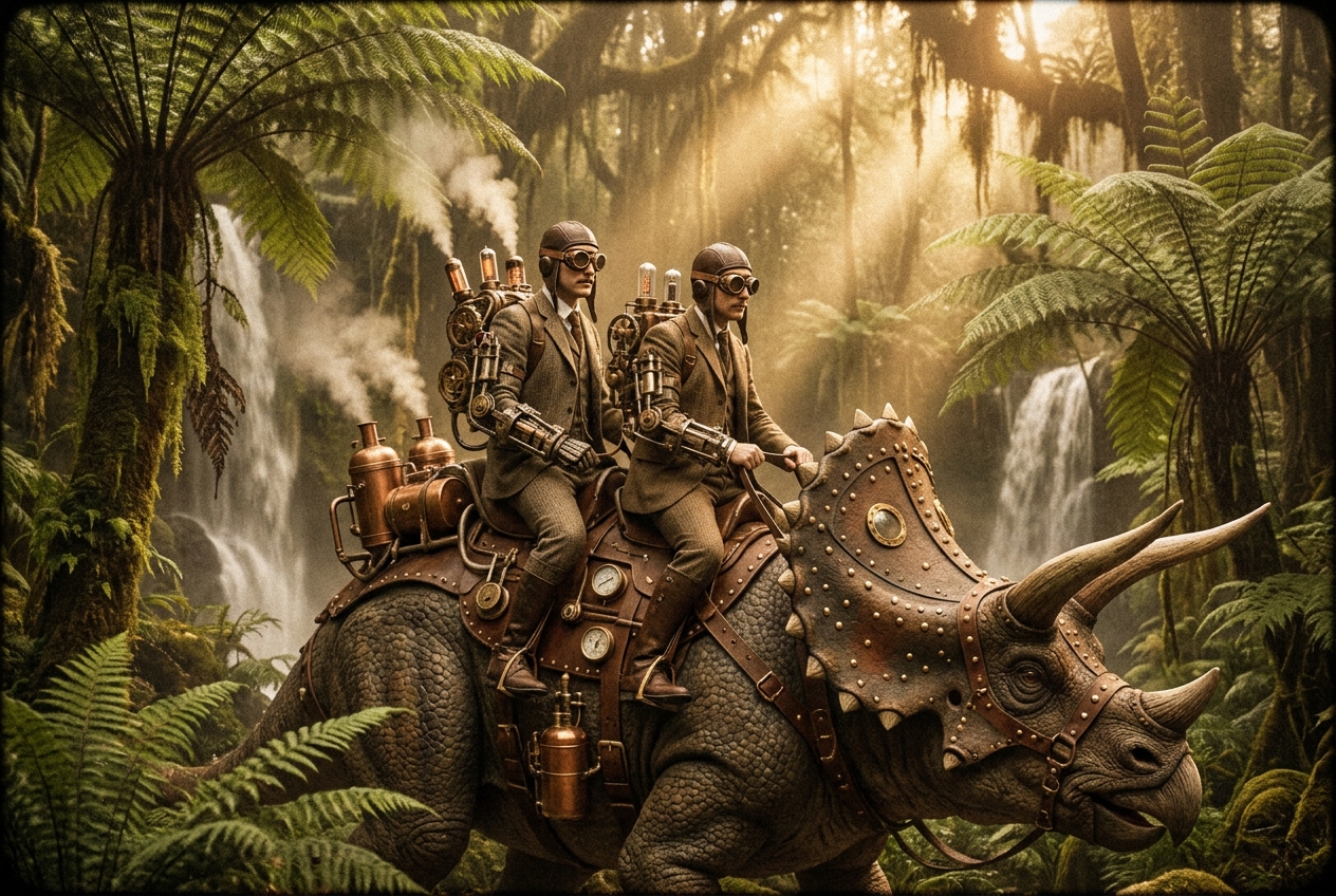 Steampunk Explorers Astride Triceratops