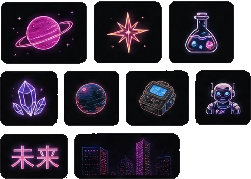 Une grille d'icônes et d'illustrations néon créées avec JammyJar