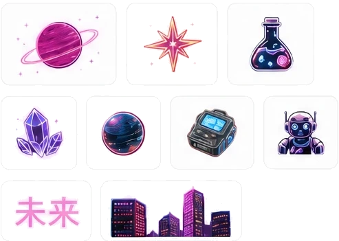 Une grille d'icônes et d'illustrations néon créées avec JammyJar